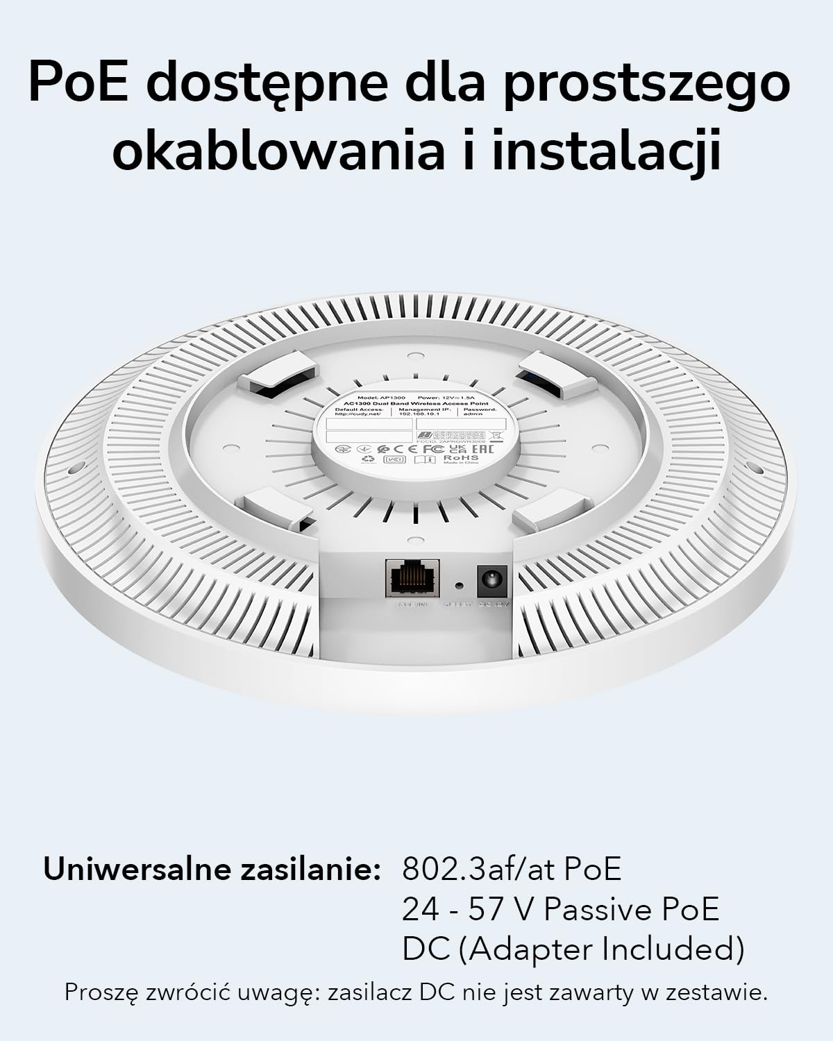 Cudy AC1200 gigabitowy bezprzewodowy punkt dostępowy Gigabit RJ45 biznesowe rozwiązanie WiFi z obsługą siatki, kształtowanie wiązki, bezproblemowy roaming, zasilanie MU-MIMO PoE lub DC zasilacz biały