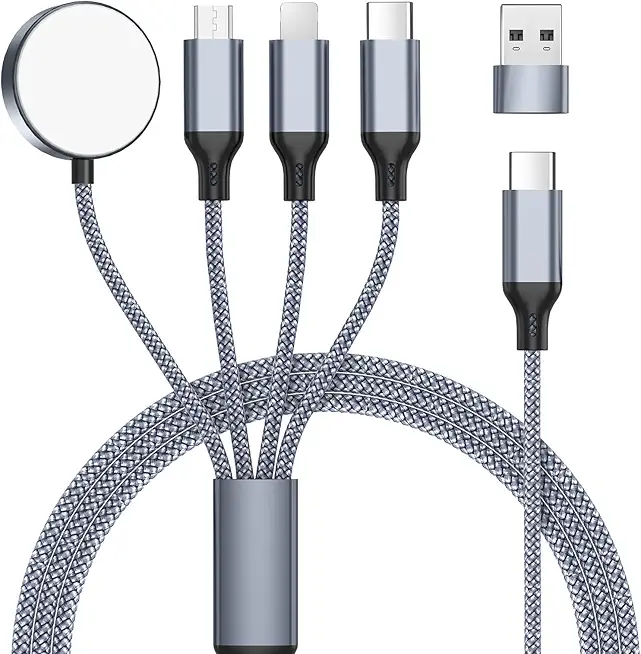 Multi Ladekabel 4 in 1 für apple watch Ladegerät, 1.2M Universal Nylon Kabel, SchnellLadekabel Mit USB-A und USB-C Mehrfach für iPhone 16/15/14/13/12/11/iPad/Airpods/iWatch Serien