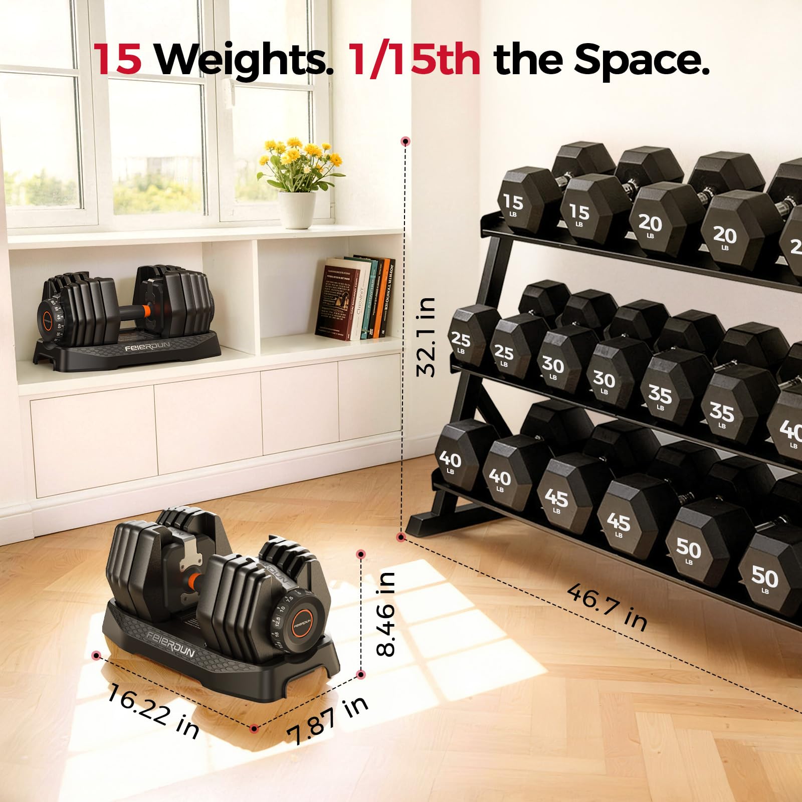 DB1 QuickDial Adjustable Dumbbell Set, 15-in-1 Adjustable Weights with Storage Box & App, 105lb/52.5lb Quick Change for Drop Set, Superset & HIIT Home Gym, Non-Slip Handles, 3-year Aftersale Service