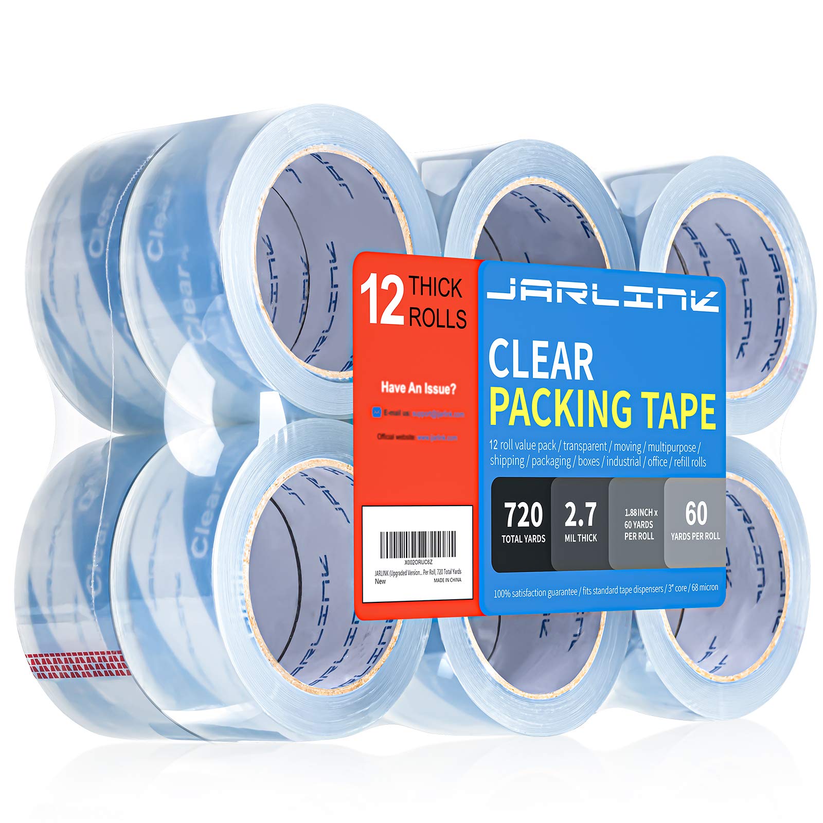 JARLINK Clearer Packing Tape 12 Rolls, Heavy Duty Packaging Tape for Shipping Packaging Moving Sealing, 2.7mil Thick, 1.88 inches Wide, 60 Yards Per Roll, 720 Total Yards
