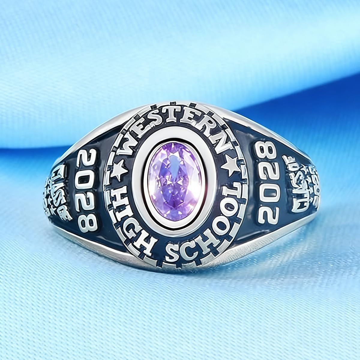 Personalized Class Rings - Custom Birthstone Rings in 10KT Gold or 925 Sterling Silver, Size 5-15 for Women