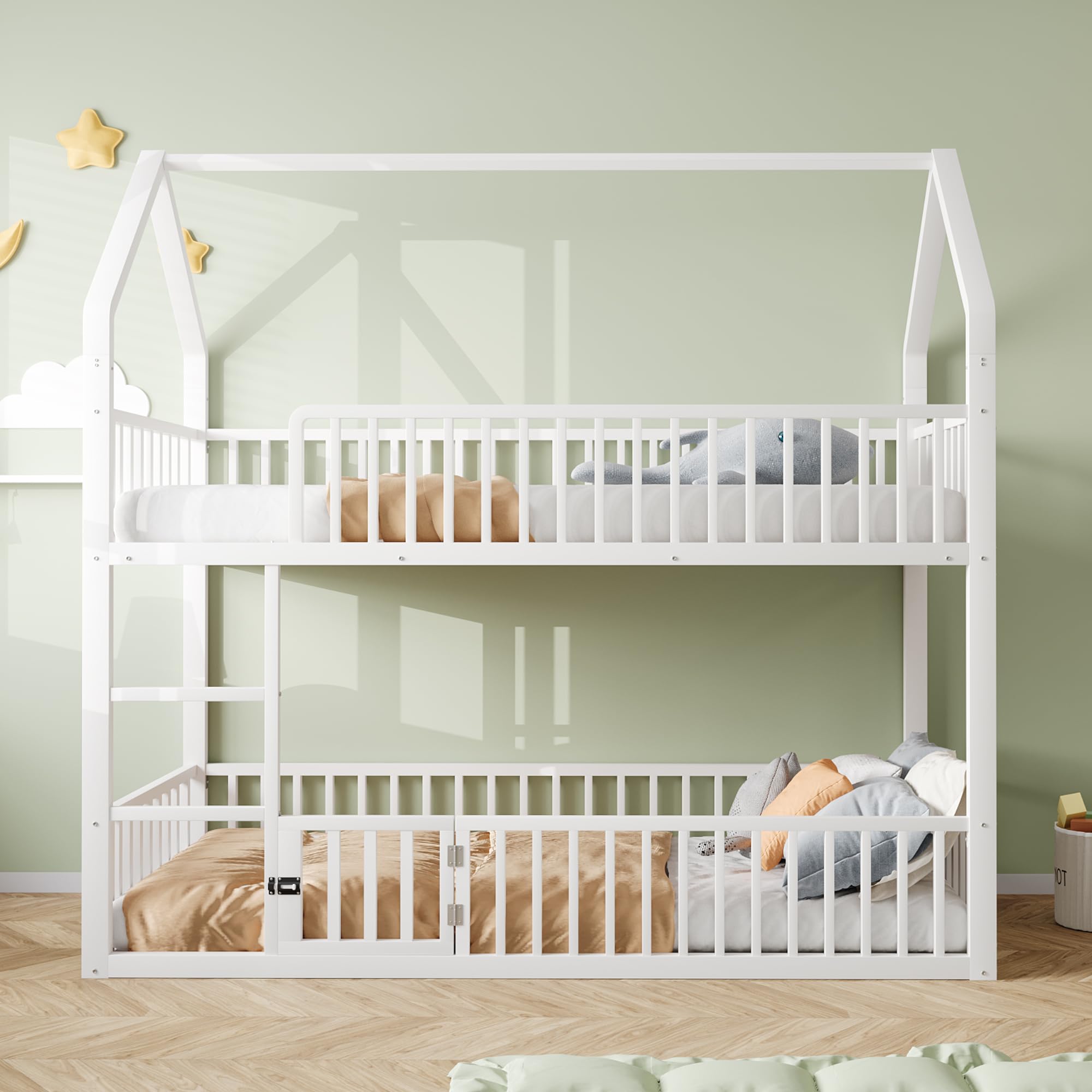 Letto a Castello per Bambini 90 * 200, Montessori letto per Ragazzi - 1 x Rete a doghe, Struttura in Metallo, Letto a forma di Casa per Bambini, Bianco(Senza Materasso)