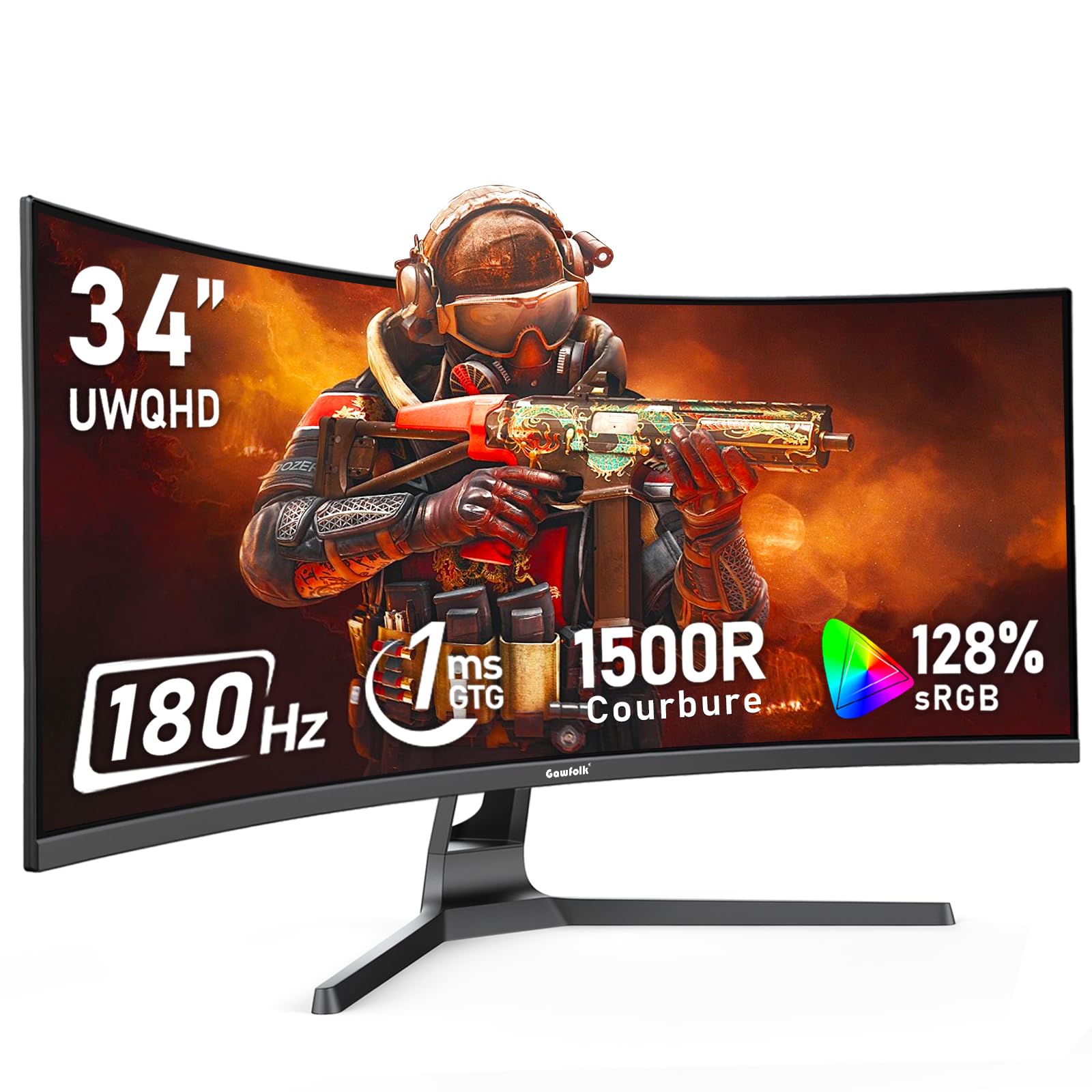Gawfolk Écran PC Ultra Large 34 Pouces 1500R incurvé 180Hz Gaming Computer Moniteur,21:9 UWQHD(3440x1440)，128% sRGB，FreeSync，HDR，178 ° Angle Vue，DisplayPort、HDMI，VESA 75 * 75MM-Noir