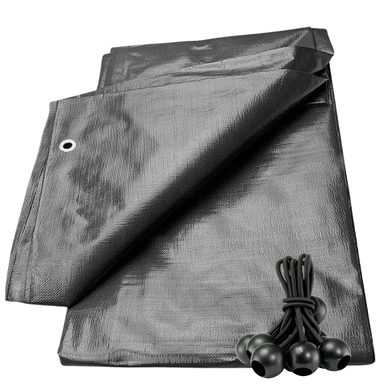 Tarpaulin Tarp Sheet Cover Grey 1x1m + 4 Bungee Waterproof Ground 220GSM Multipurpose Furniture Outdoor Protection UV-Resistant Aluminium Eyelets