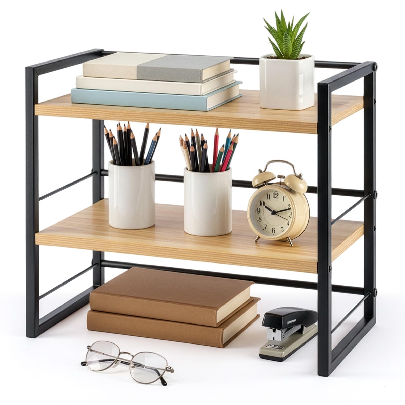 GreenWhim Wooden Desk Shelf Organiser Office Desktop Bookshelf Storage Shelf and Cabin Decoration Shelf for Top of Desk and Dresser Bookshelf Supplies Storage Rack (Black)