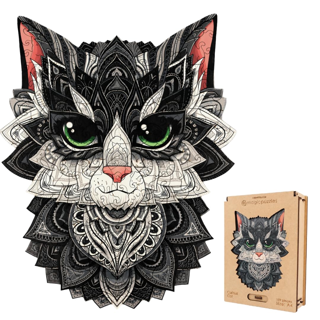 Puzzle in legno Lubiwood Gatto Curioso dalla forma unica (38x31 cm) - 308 pezzi intricati, include una confezione regalo in legno coinvolgente