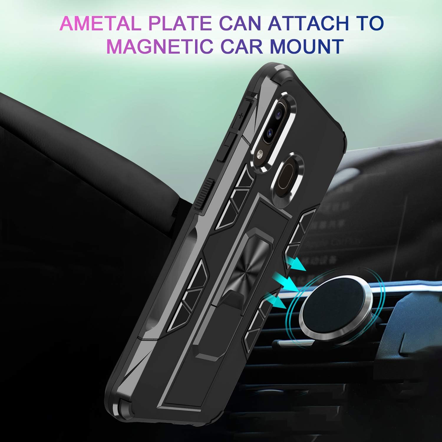 LeYi Compatible with Samsung A20 Case, Samsung Galaxy A20 Case with 2 Tempered Glass Screen Protector, Military-Grade Shockproof Built-in Car Mount Kickstand Phone Cover Case for Galaxy A20, Black