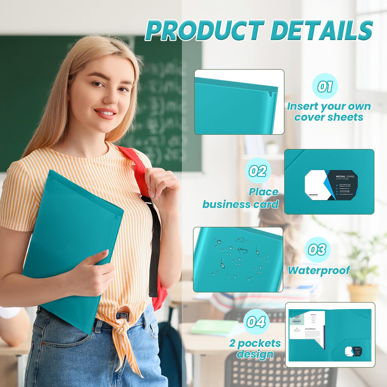 Henoyso Confezione da 36 cartelle in plastica turchese con tasche frontali trasparenti, resistenti, con 2 tasche e slot per schede, per studenti, comunicazioni, scuola, ufficio, relazioni di