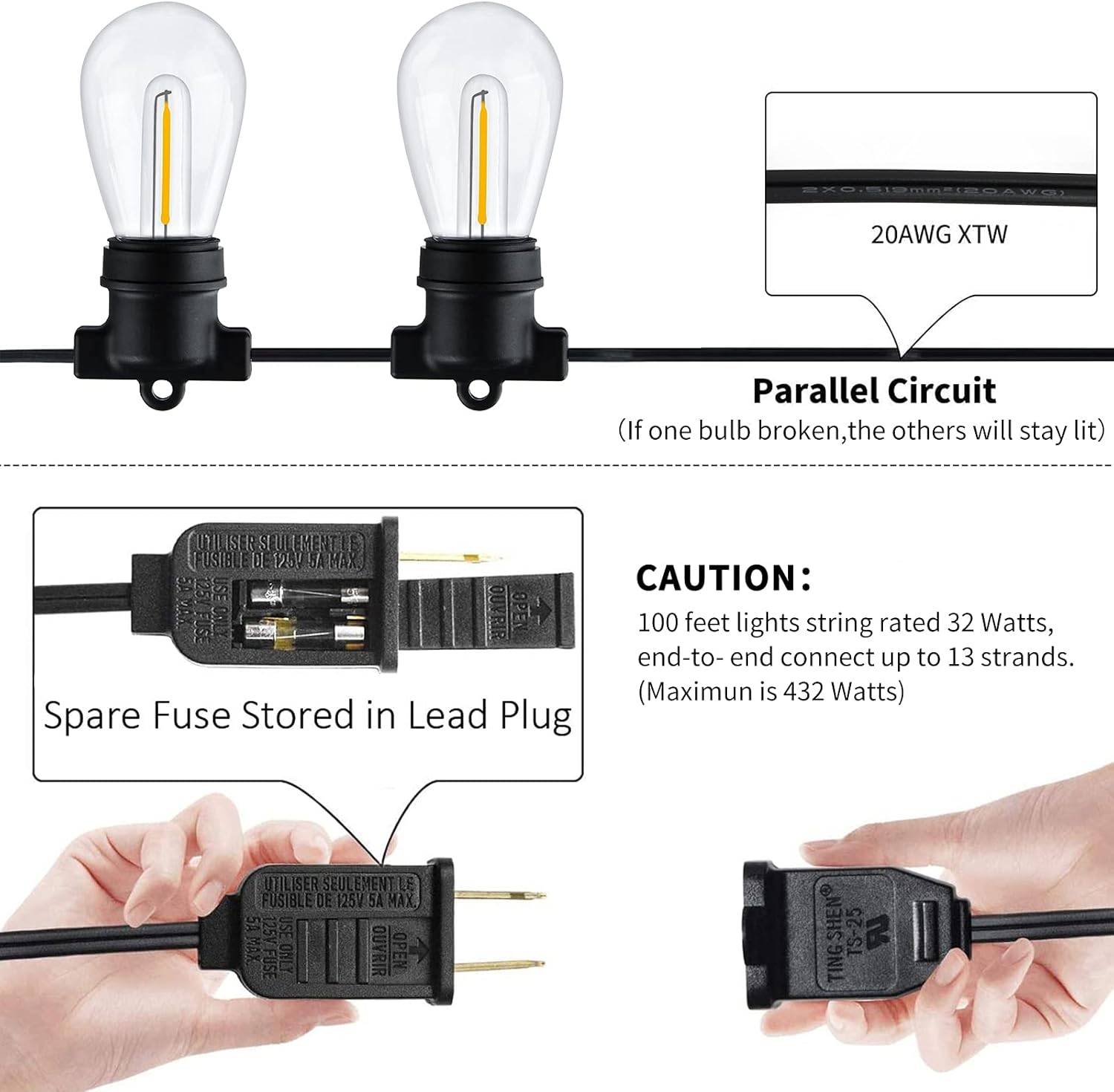 100FT LED Outdoor String Lights with 36 Shatterproof Edison S14 Filament Bulbs 32 Hanging Sockets, UL Listed Commercial Grade 2700K Warm White Decorative Patio String Lights for Outside Porch Backyard - - 