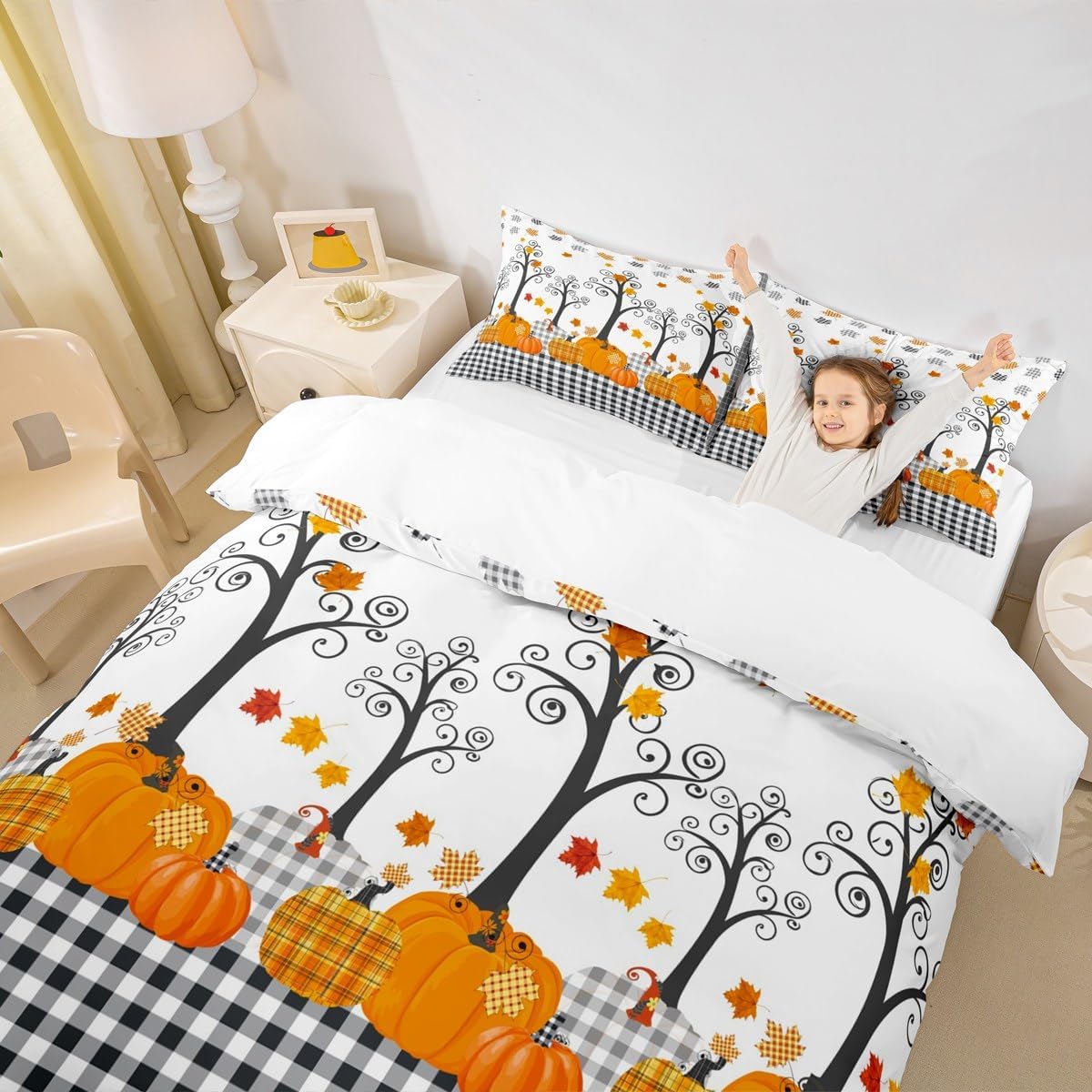 Fall Pumpkin Harvest Duvet Cover Set Queen Size,Kids Adults Bedroom/Country Cottage Decor,Black White Plaid Bedding,Maple Autumn Leaves Comforter Cover,Rustic Bright Quilt Cover,3pcs,2 Pillowcases