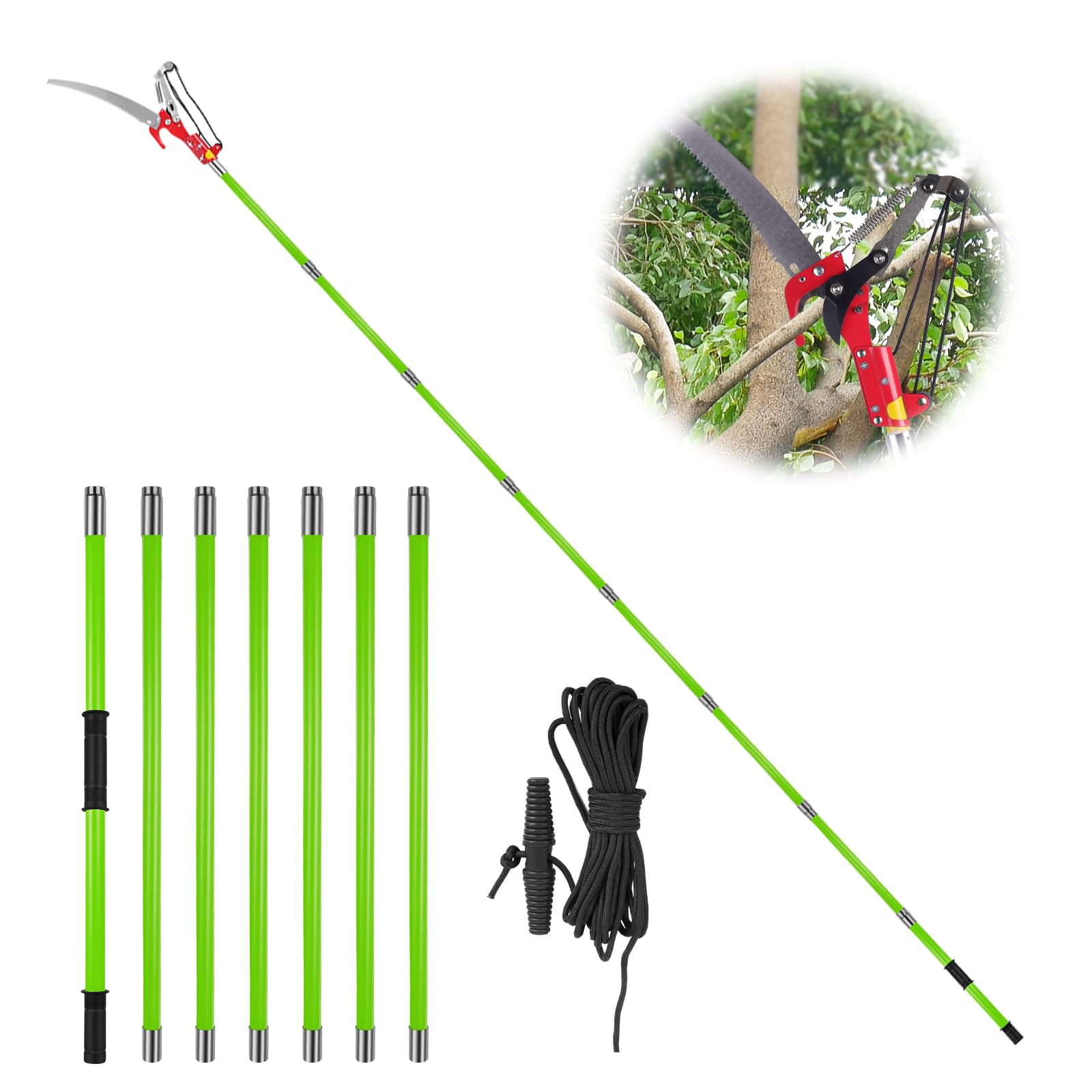 Coupe Branche Télescopique 8m: Scie Telescopique Elaguer 2 en 1,7 Manche Télescopique | 2 Lames de Scie | Sac de Transport, Scie d'élagage Pour Élagage Palmiers Arbustes (Vert)