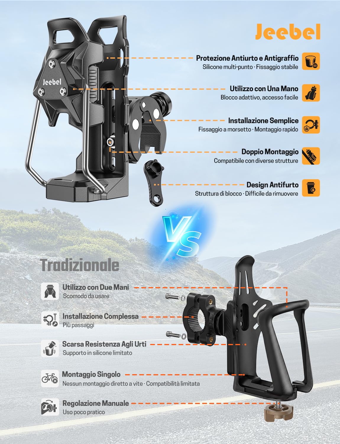 Jeebel Porta Borraccia Moto, Portaborraccia Bici, Porta Bottiglie Acqua, Portabicchieri, Portabevande