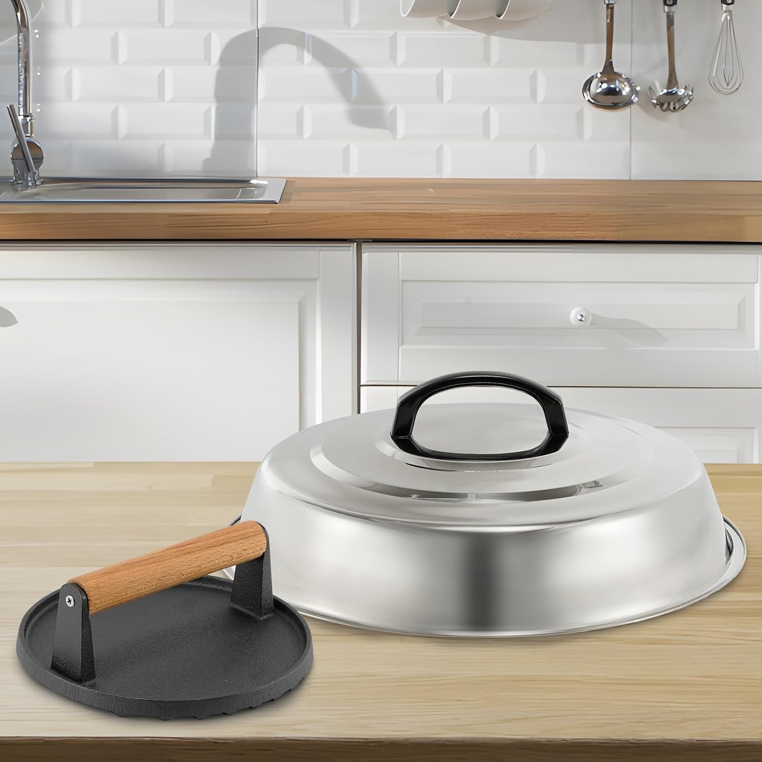 BBQ Accessories 12 Inch Round Stainless Steel Basting Cover - Cheese Melting Dome Round Cast Iron Grill Press Kit for Hamburger Bacon Steak, Best fits for Blackstone Camp Chef Flat Top Griddle Grill