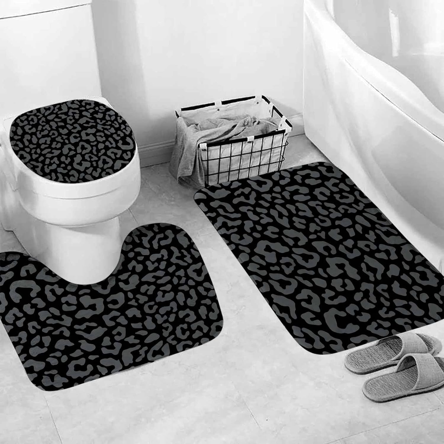 TOMWISH 4 Pcs Leopard Shower Curtain,Black Gray Cheetah Print Bathroom Sets Complete,Shower Curtain Toilet Lid Cover and Bath Mat Bathroom Decor Sets,juego de baños de Set Bath Accessories with Hooks