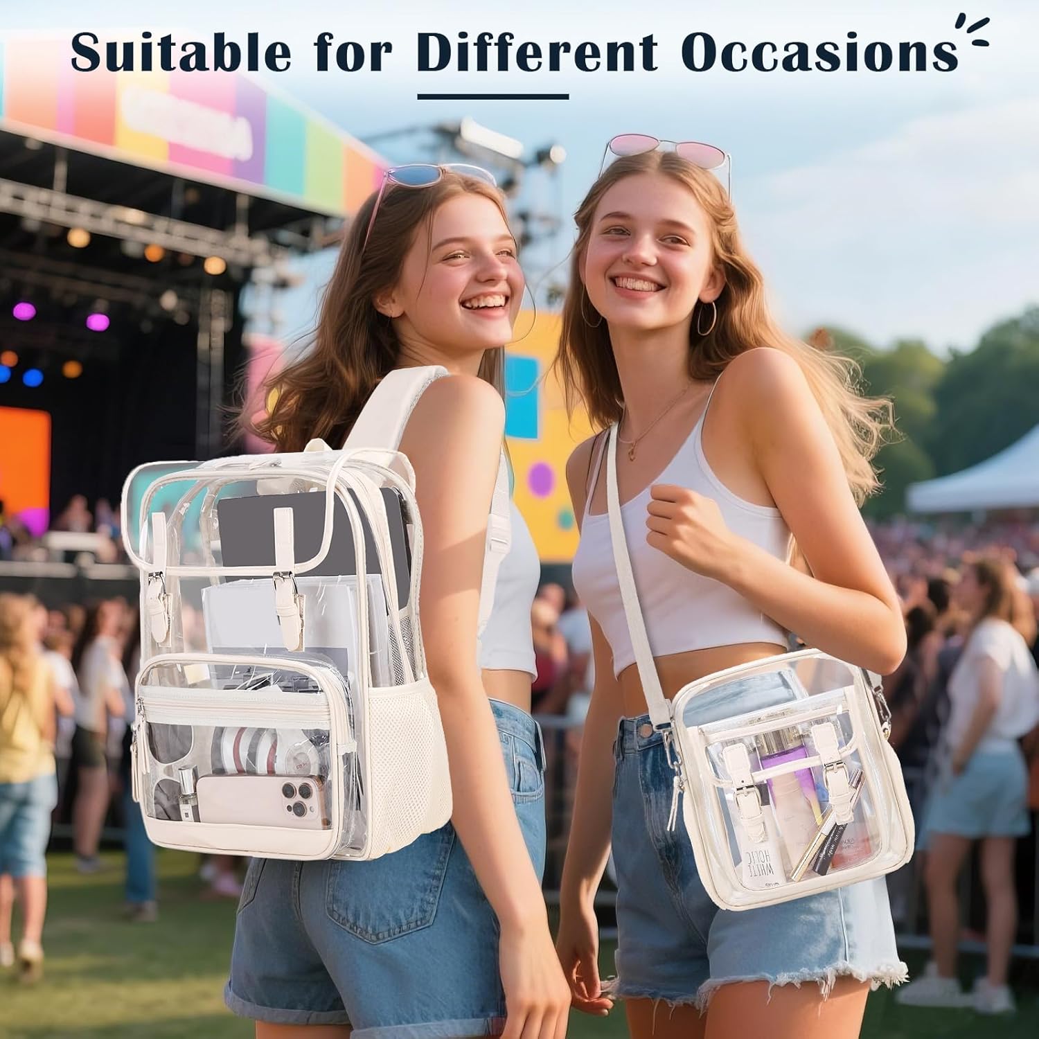 Clear Backpack Heavy Duty Thick - Clear Bookbag with Lunch Bag Set for School See Through PVC Transparent Backpacks for College Travel Work Girls Women (Beige)