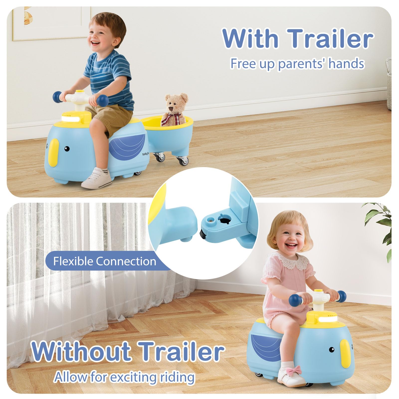 DREAMADE 2 en 1 Porteur Enfants, Voiture à Jouer pour Tout-Petits avec Remorque Amovible, Espace de Rangement, Lumière LED, 5 Sons Musicaux, Roues Lisses (Bleu)
