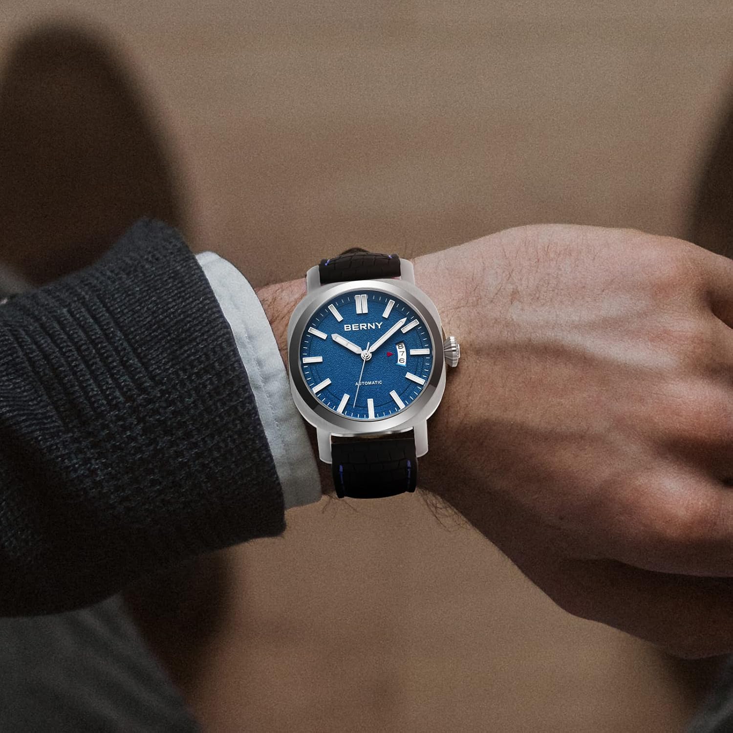 BERNY Men's Japanese Automatic Mechanical Watch, Self Winding Watches, 10ATM Waterproof, Sapphire Glass, Scratch Resistant HV800 Hardness Case, Super Luminous with Date (No Battery Required) Blue