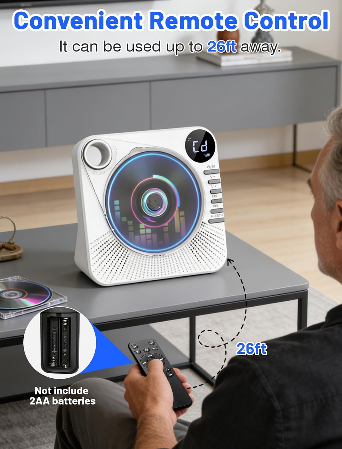 Portable CD Player with Bluetooth, 4000mAh Recheageable Desktop CD Players for Home, CD Music Player with Speakers,Remote Control,LCD Display, AUX, USB, Headphone Jack