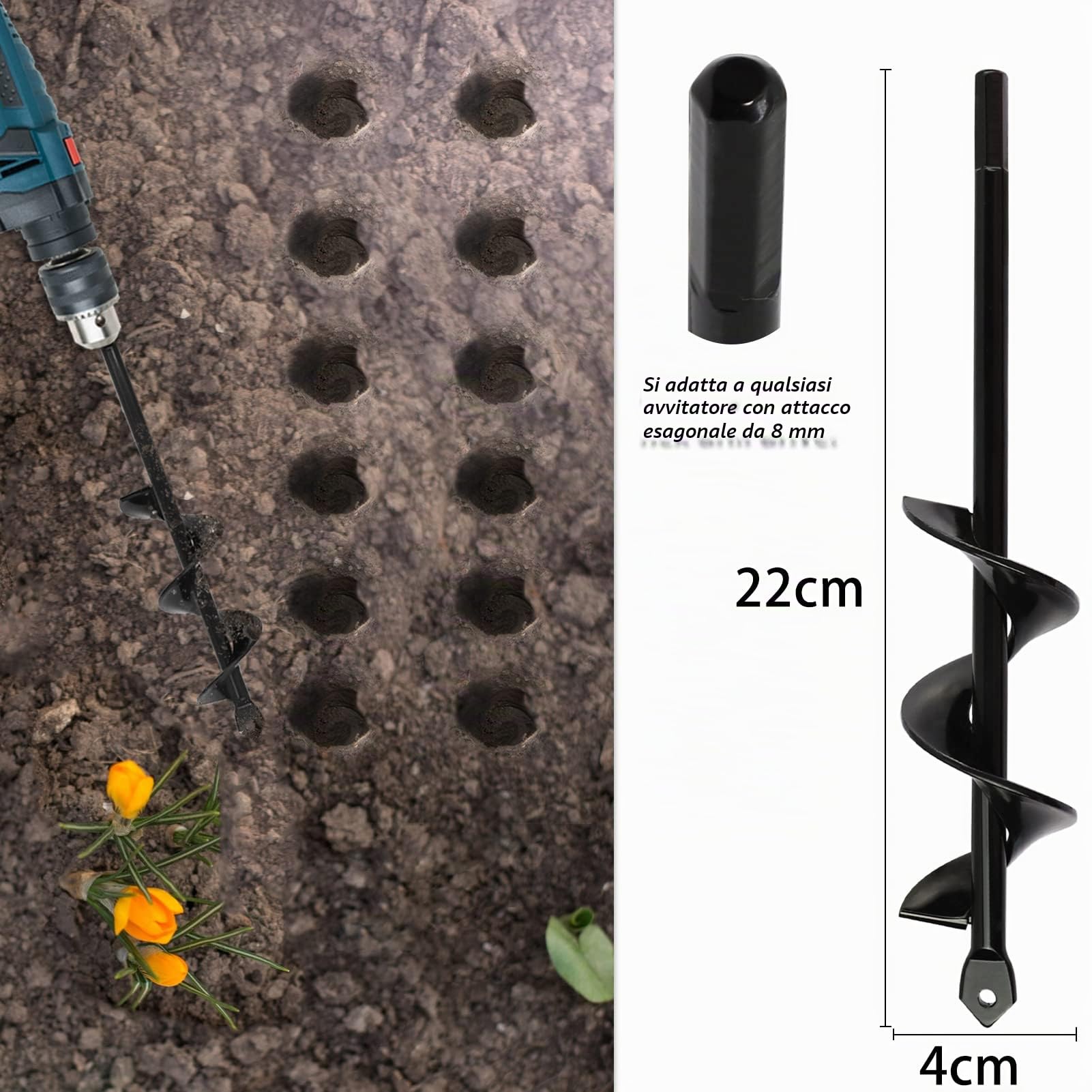 Coclea da giardino 4x22cm Punta per trivella a spirale Trapano giardiniere Punta da trapano per escavatore a ombrello Coclea esagonale