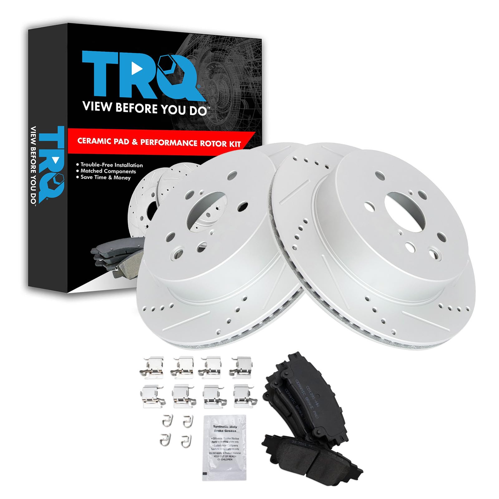 TRQ Performance Rear Brake Pad and Rotor Set Ceramic Coated Drilled Slotted Rotors Compatible with 2014 Lexus IS250