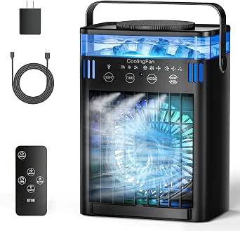 Climatiseur portable, mini climatiseur portable avec télécommande, 3 vitesses et 3 brumes, minuterie de 2 à 8 heures et 7 lumières, refroidisseur d’air par évaporation pour chambre, bureau, bureau