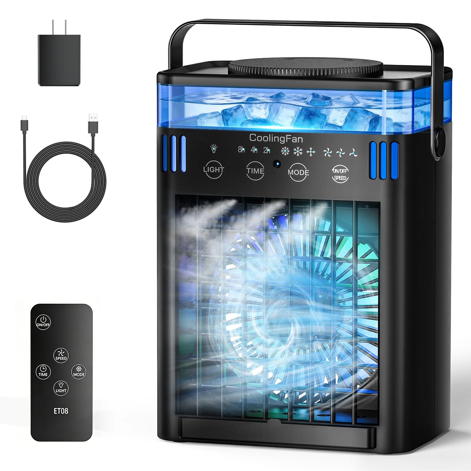 Mini condizionatore portatile con telecomando, 3 velocità e 3 nebbie, timer da 2 a 8 ore e 7 luci, per camera da letto, ufficio, ufficio