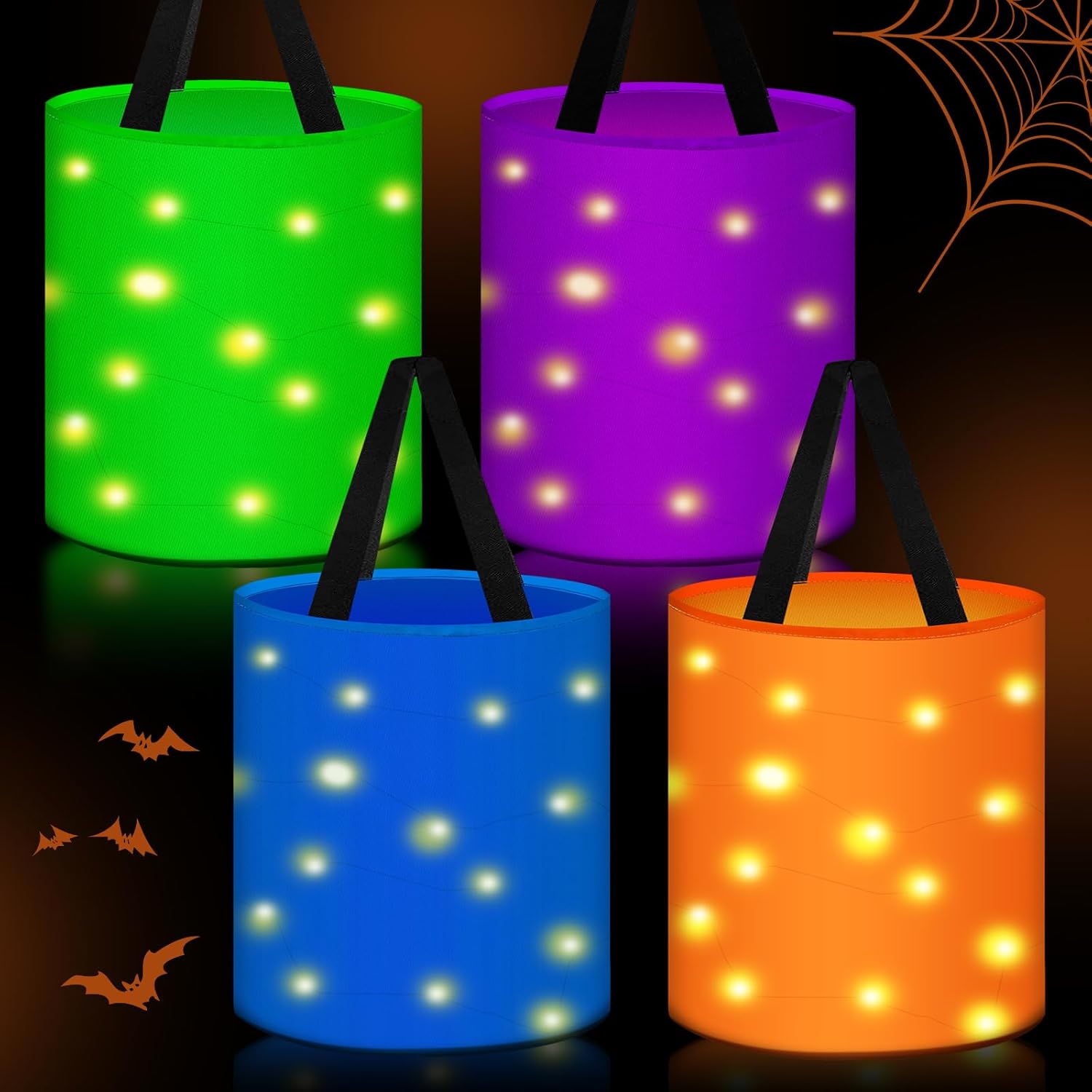 4 Pcs LED Light Halloween Trick or Treat Bags, Halloween Candy Basket, 4 Color