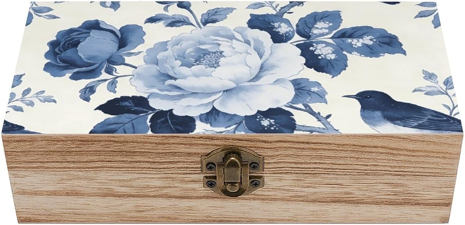 Vintage Wooden Storage Box with Hinged Lid, Toile Print Blue And White