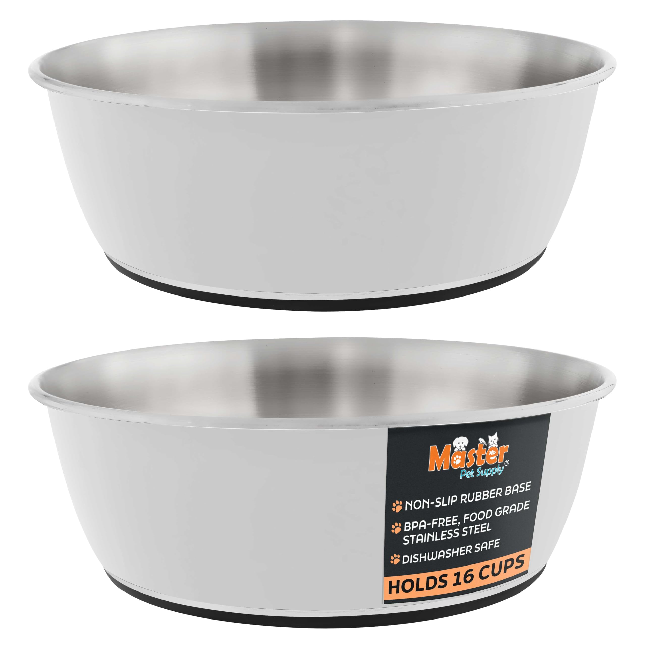 Master Pet Supply Stainless Steel Dog Bowls Set of 2 (128 Oz Each) with Non-Slip Rubber Base - Bone White - Basic Dog Food Bowl Water & Food Bowls for Small Medium Large Dogs & Cats, Metal Dish