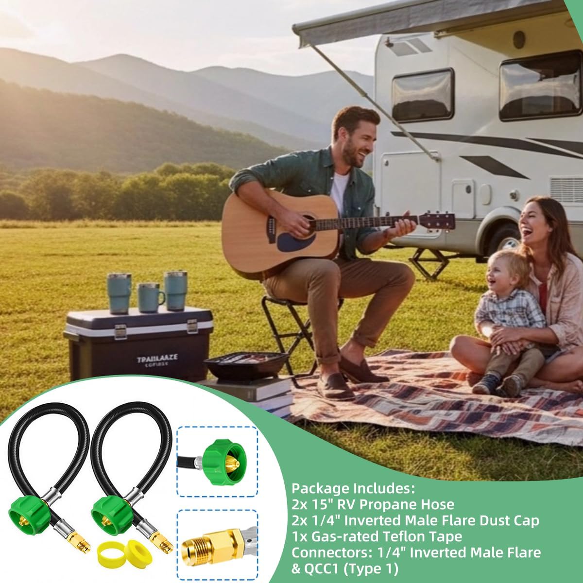 2 Pack 15" RV Propane Hose with 1/4" Inverted Male Flare & Qcc1/Type1 Fittings, Camper Propane Hose for RV Two-Stage Regulator-Dual LP Tank, Propane Tank Hose for BBQ,Outdoor Cooking,Camping,350PSI.