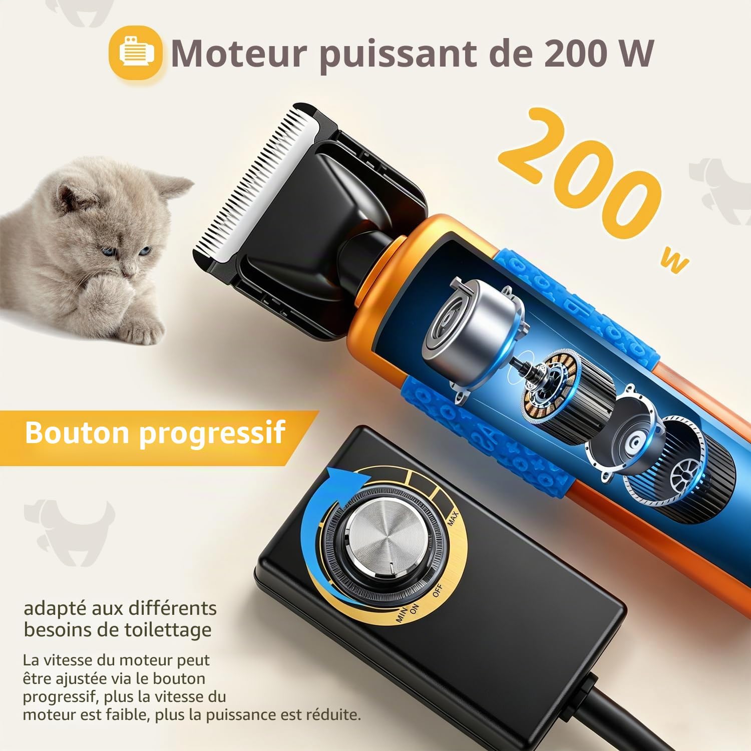 CGOLDENWALL Tondeuse Électrique à Chien/Chat 200W – Câble 3m, Lames Acier Titane/Céramique, Manche Bois Acajou Sûr – Pour Lapins/Autres Animaux, Vitesse 2000-6000tr/min