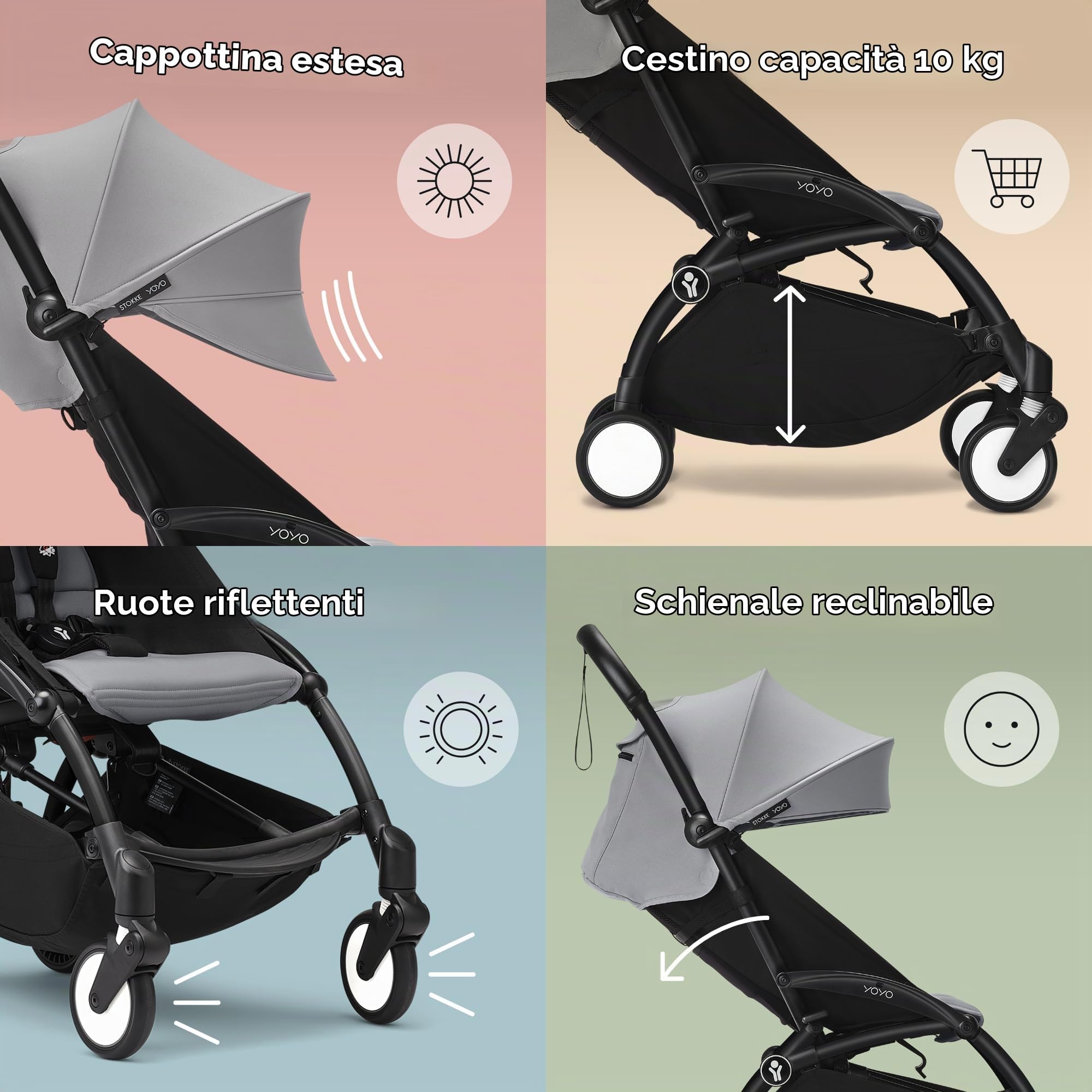 Passeggino Stokke YOYO3 da 6 mesi - Include telaio nero/cuscino seduta Stone + Capottina - Si ripiega e si apre in un lampo - Leggero e compatto - Compatibile con il bagaglio a mano