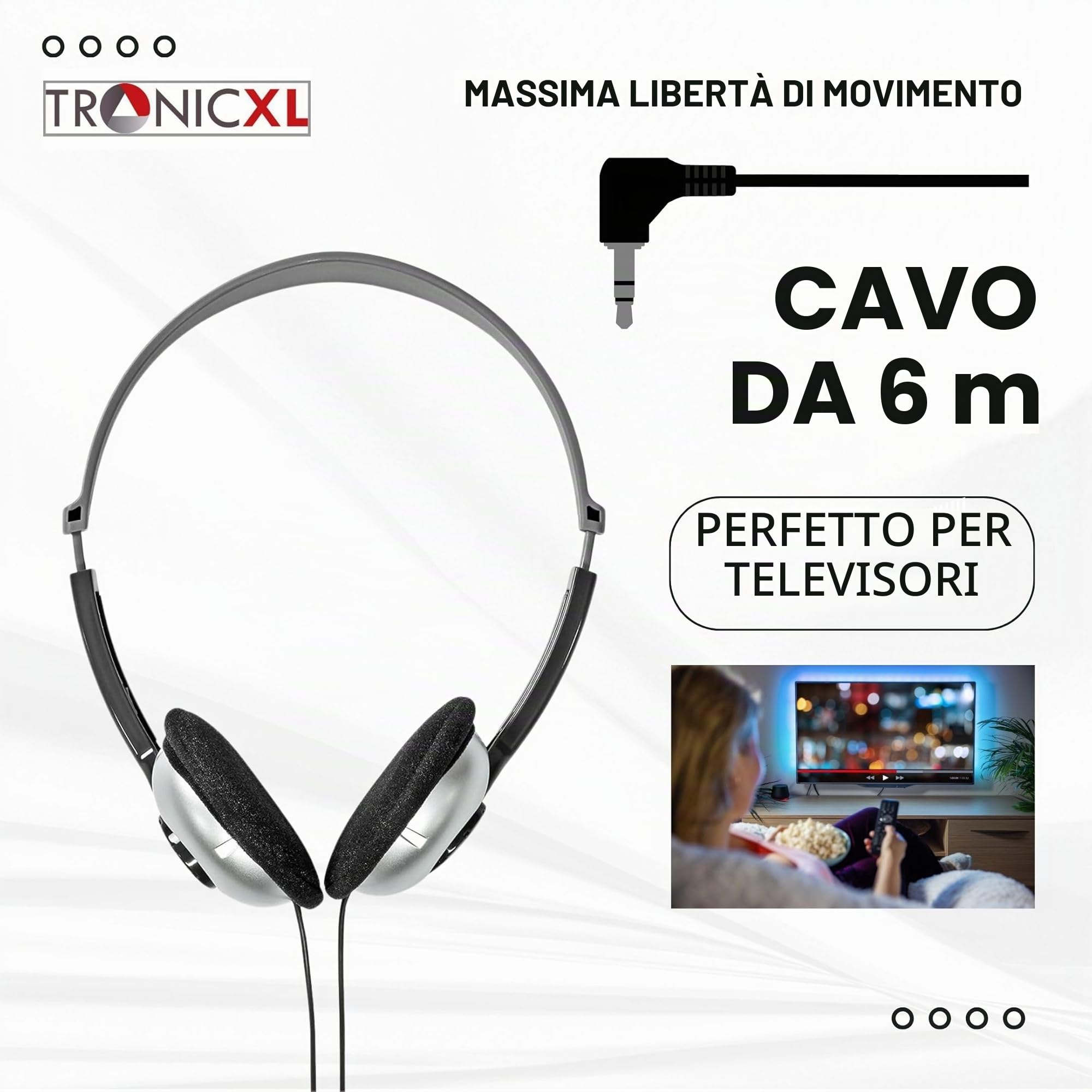TronicXL - Cuffie per TV con cavo lungo 6 m, compatibili con televisori Samsung, LG, Sony, Toshiba, DYON, JVC, Philips, Apple, iPad, iMac, Computer, etc