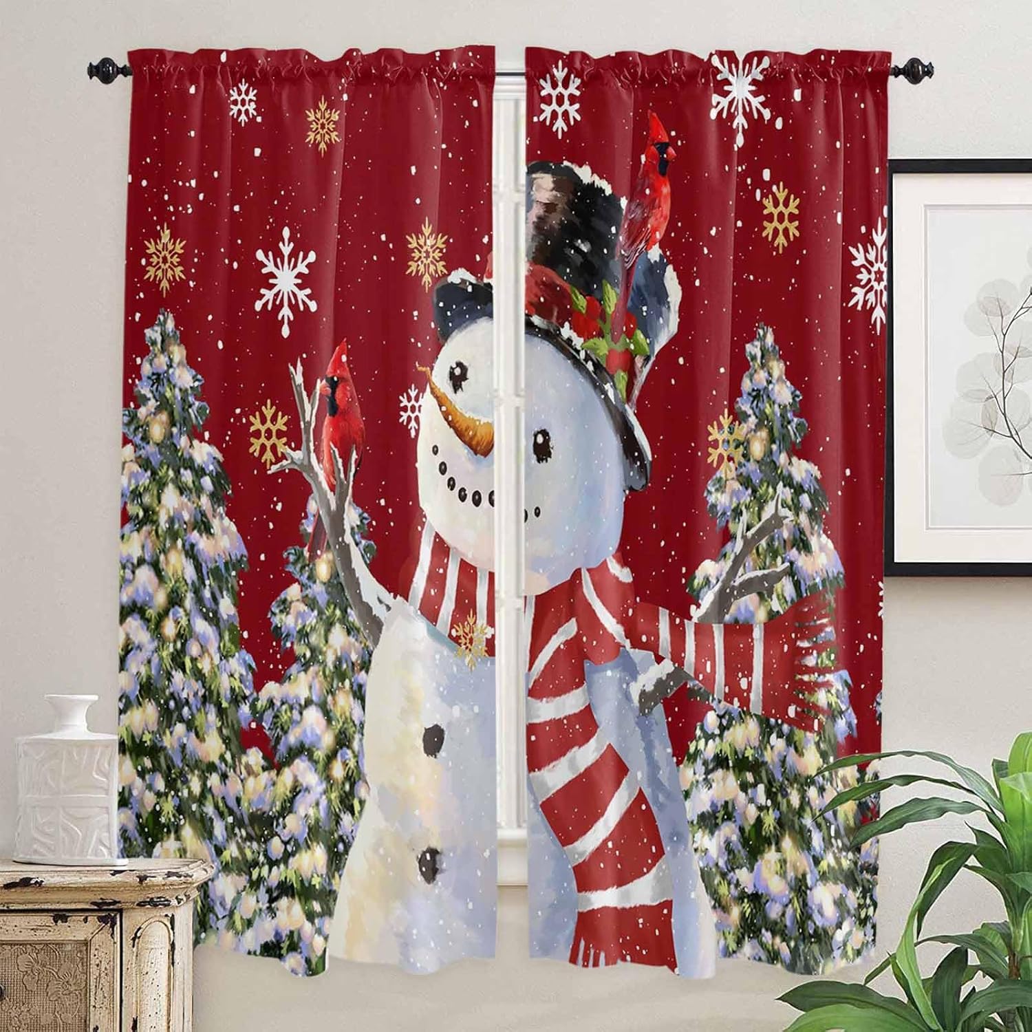 Red Snowman Window Curtains 72 Inch Long 2 Panel Set, Rod Pocket Long Curtains & Drapes, Christmas Tree Snowflake Winter Holiday Light Filtering Window Treatment for Bedroom Living Room 52"W x 72"L
