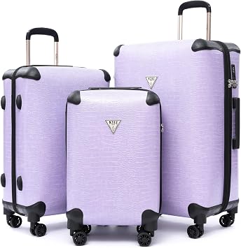 3 Piece Luggage Set, Croc-Embossed PU Leather Vintage Trunk Suitcases, 20/24/28 Inch Fashion Travel Set with TSA Approved Lock, 360 Spinner Wheels Light Lavender