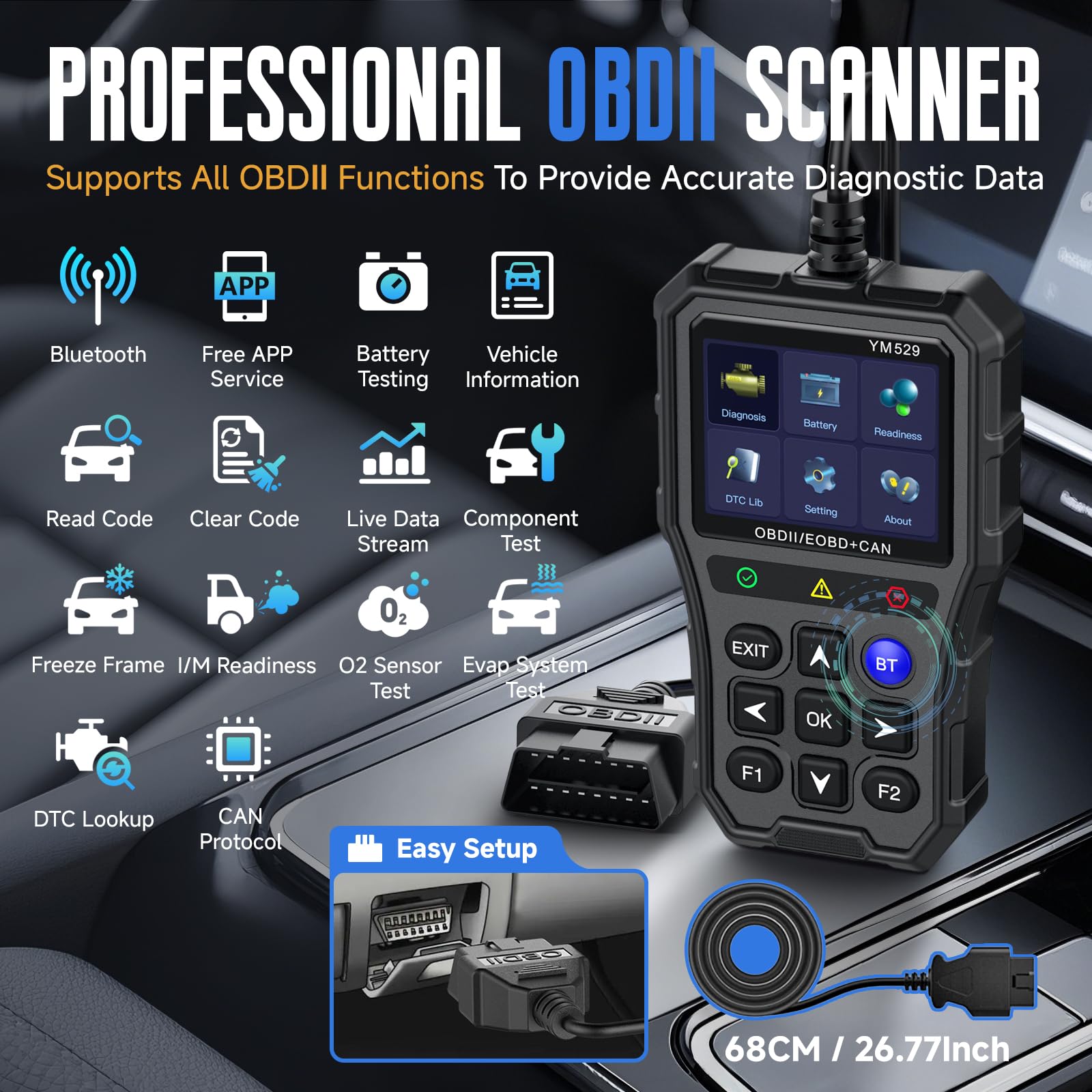 Professional OBD2 Scanner con tester della batteria - strumento diagnostico per automobili, 3D UI 2,8 pollici IPS schermo TPU case, lettura e cancellazione codici di errore, nero