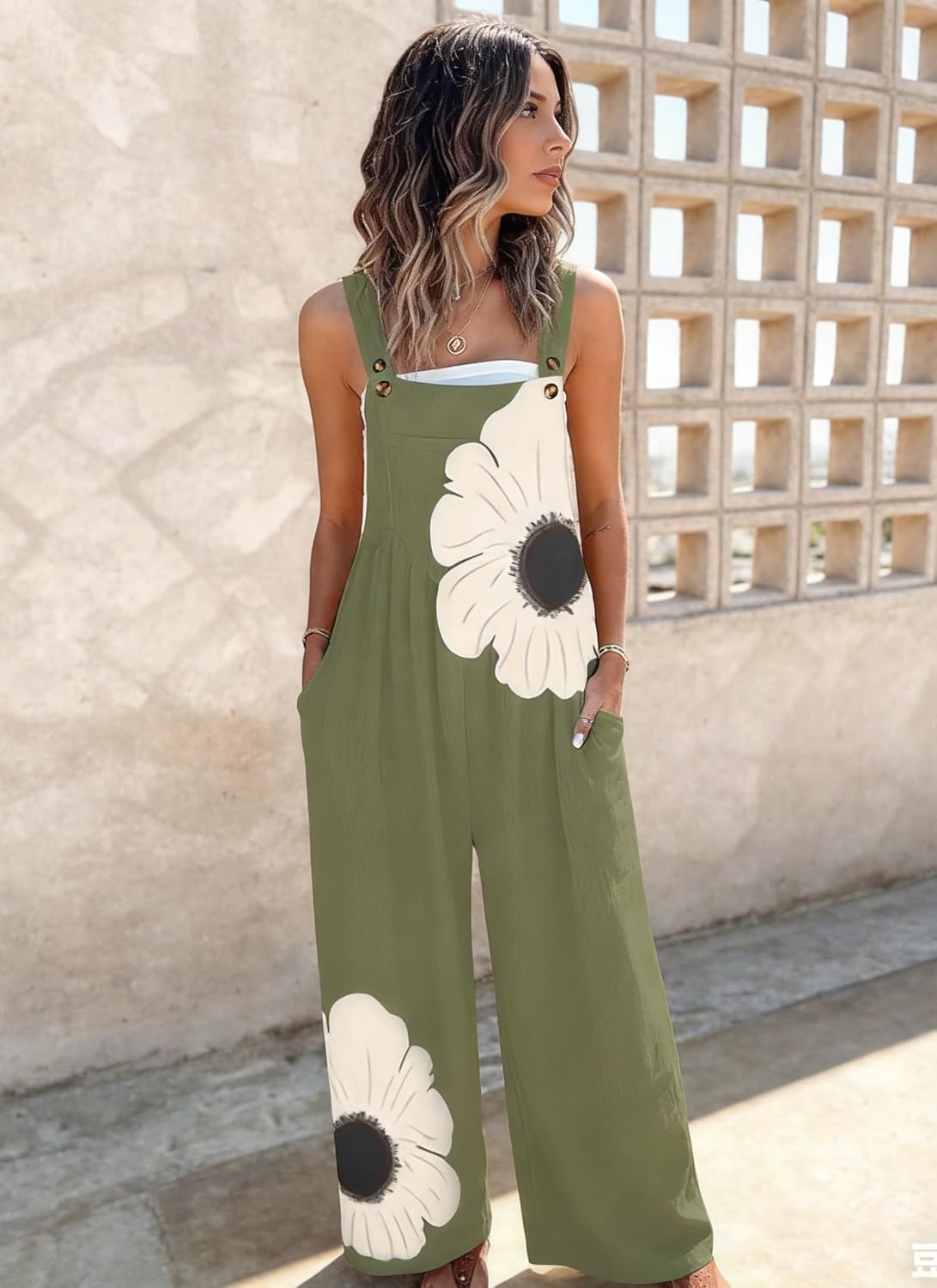 Women's Jumpsuits 2026 Summer Floral Overalls One Piece Outfits Sleeveless Wide Leg Pants Rompers with Pockets - Image 5