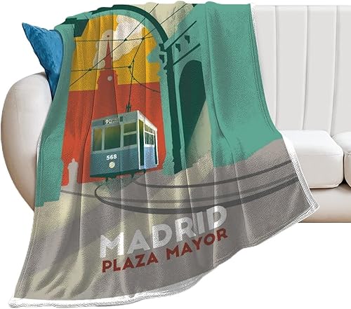 Madrid - Manta de póster vintage de franela de lujo para sofá, cama cómoda, cálida, suave, esponjosa, de felpa, para sala de estar, sofá,