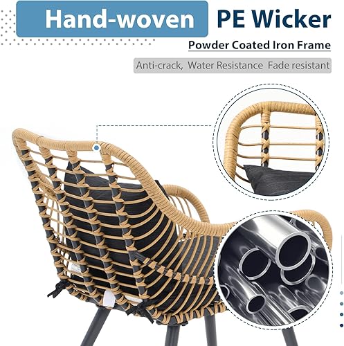 Miniatura 10 de JOIVI Juego de 2 sillas de mimbre para exteriores, sillas de comedor de ratán para patio con cojines y reposabrazos para césped exterior, balcón,