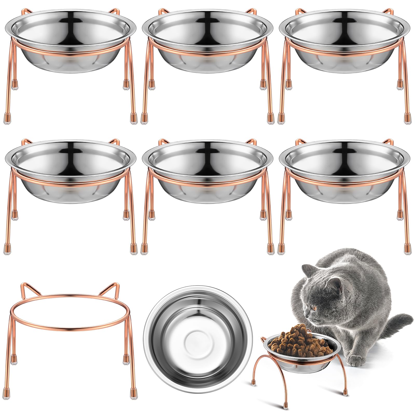 Yiyiring 6 Sets Stainless Steel Elevated Cat Bowls 5.5 Inch Wide Raised Cat Bowls with Metal Stand Stress Free Elevated Shallow Water Dish Indoor