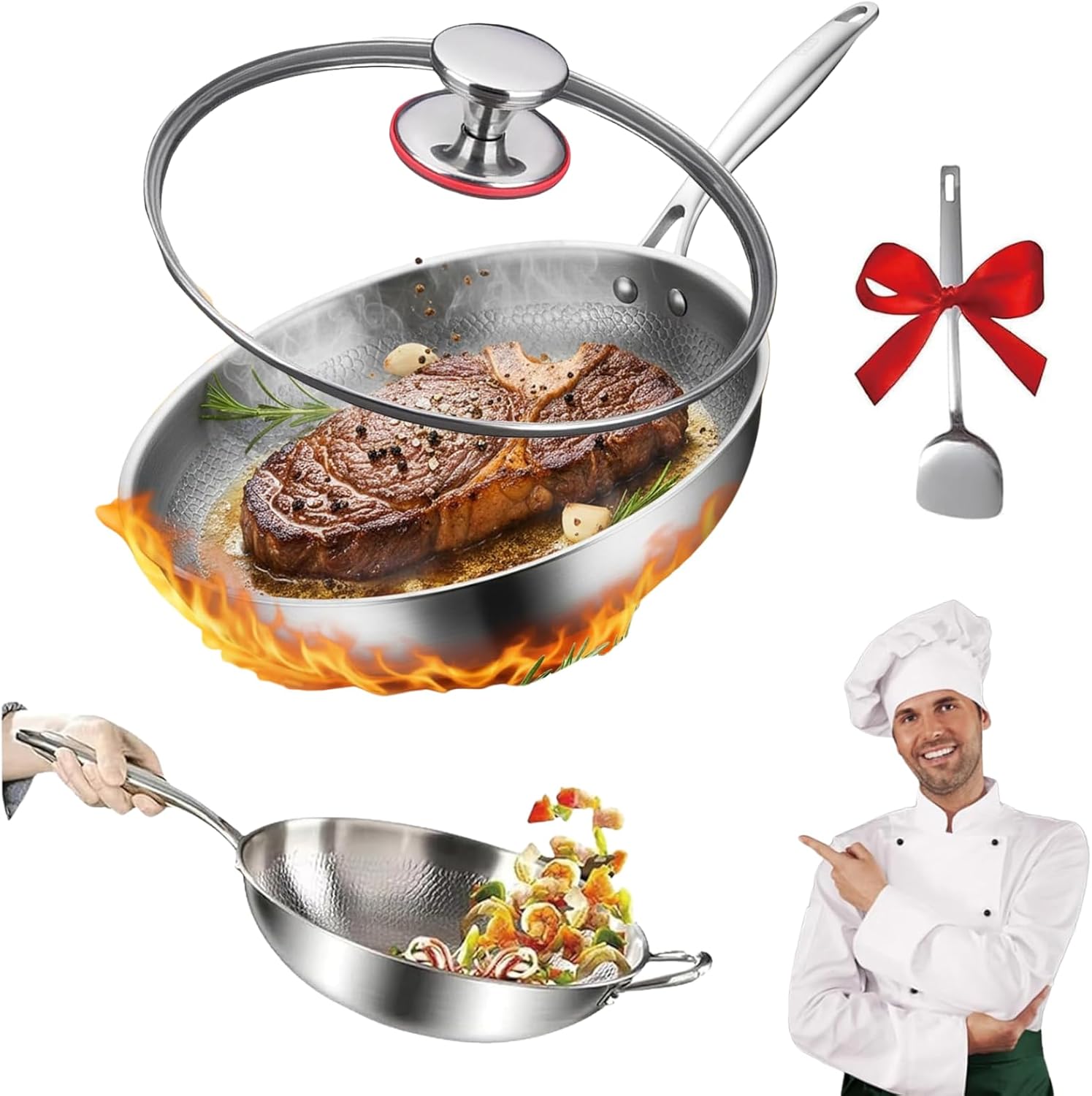 Pure Titanium Pan Scratch-Resistant Fast-Heating Non Stick 10.2in Titanium Hammered Pans Saucepan for Cooking, Dishwasher-Friendly Titan Frying Pan Pro with Lid & Spatula, Compatible with All Cooktops