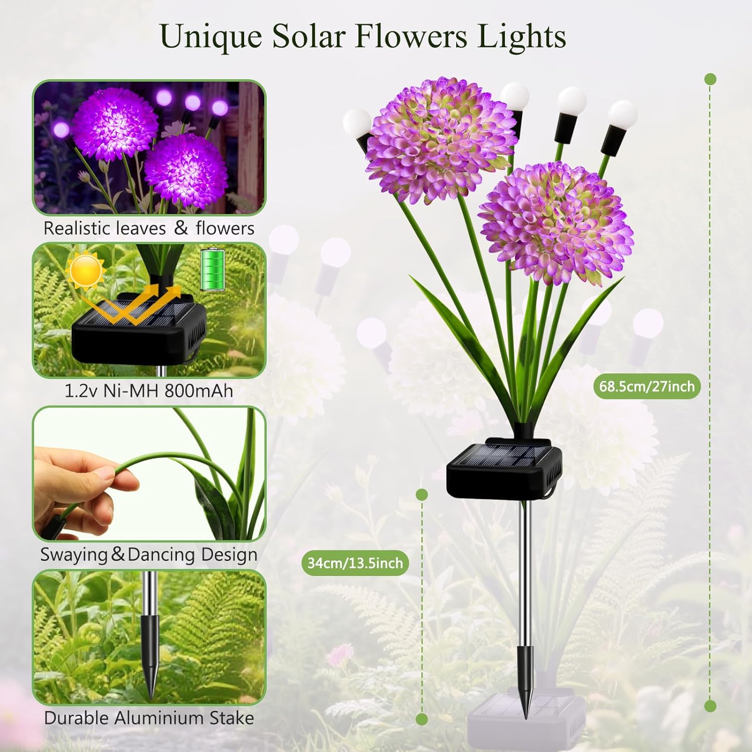Solar Lights Outdoor Waterproof, 4 Pack Purple Solar Firefly Swaying Lights with Flowers, Flower Light Garden Decor for Halloween Christmas Outside Yard Patio, Gifts for Women Grandma - Image 2