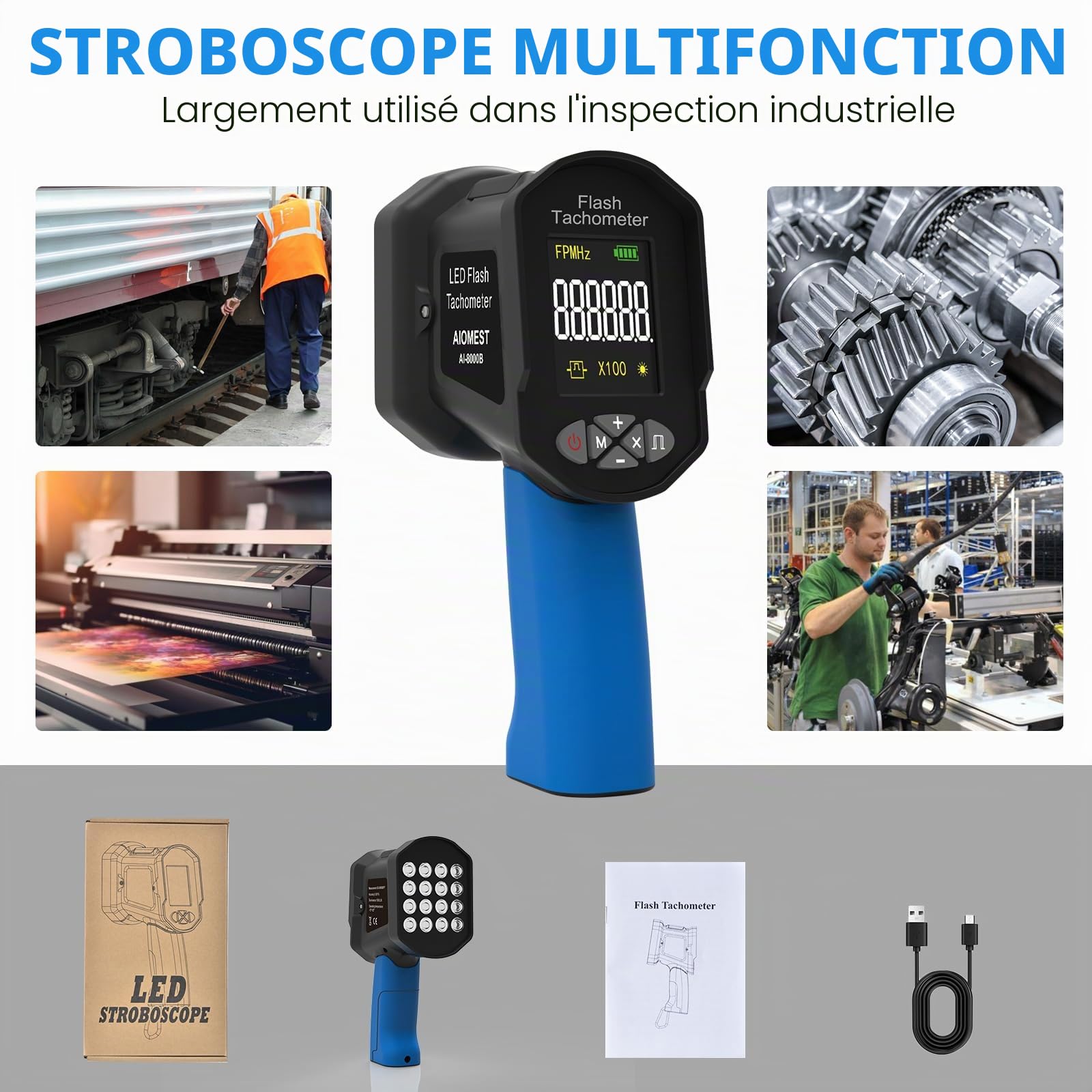 Stroboscope LED Numérique AIOMEST-Tachymètre Stroboscopique Professionnel 100 000 RPM Hz Haute Précision 0,001% - Sans Contact Strobe Tachometer avec Flash Réglable pour Régime Moteur, Ventilateur