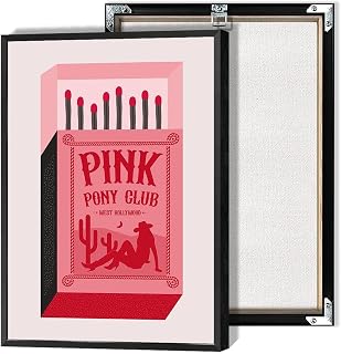 Beshdomp Vintage Pink Pony Club Posters Pink Match Box Cowgirl Canvas Wall Art Funny West Hollywood Matches Aesthetic Prints Painting For Kitchen Home Bedroom Dorm Wall Decor 12x18in Framed