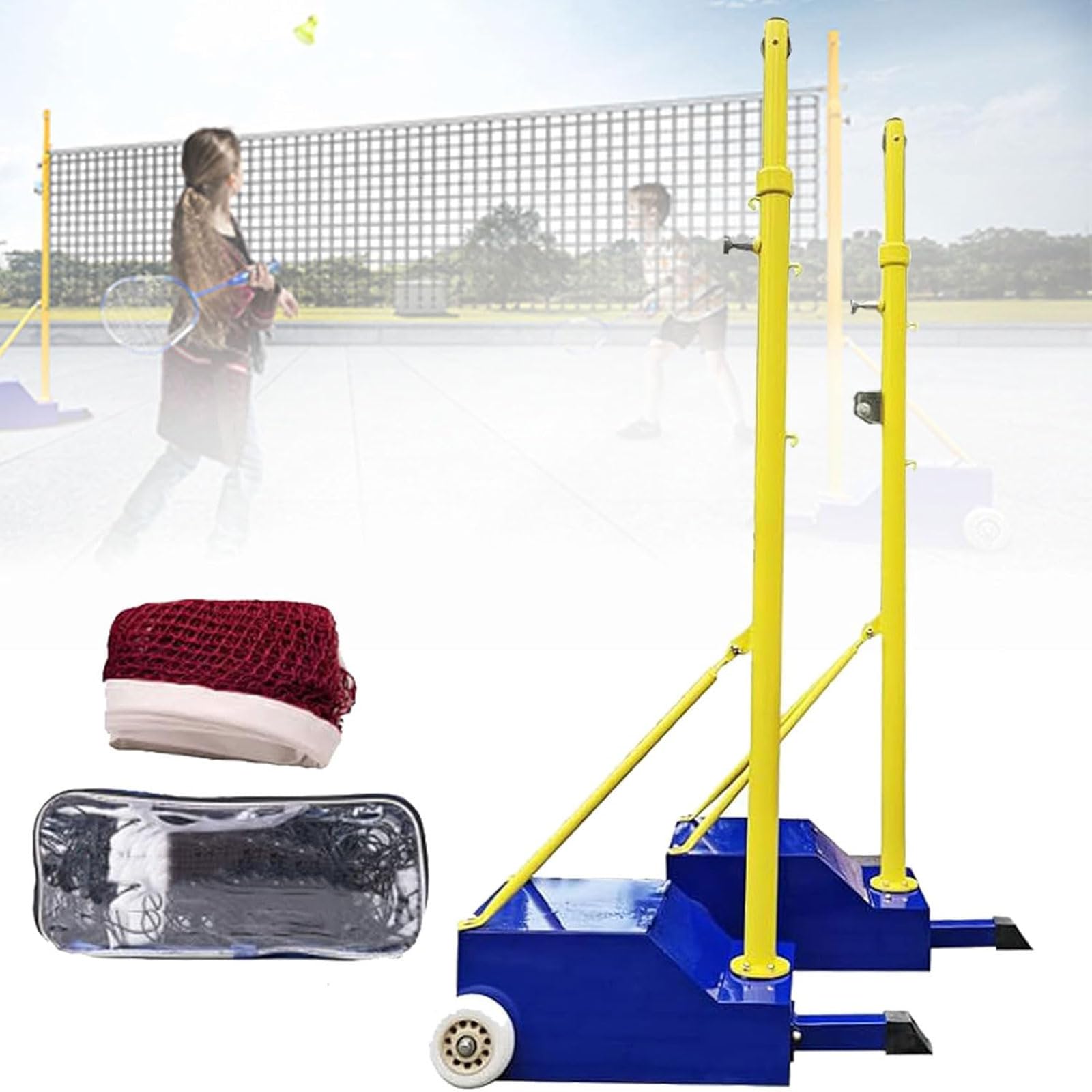 ZHNANDAMAI Volleyball/Badminton Posts with Net, Heavy Duty Badminton Net Frame with Wheels and Stable Base, Adjustable 4 Heights of 5ft-6.9ft, Sturdy Base for Indoor/Outdoor Use, Adults