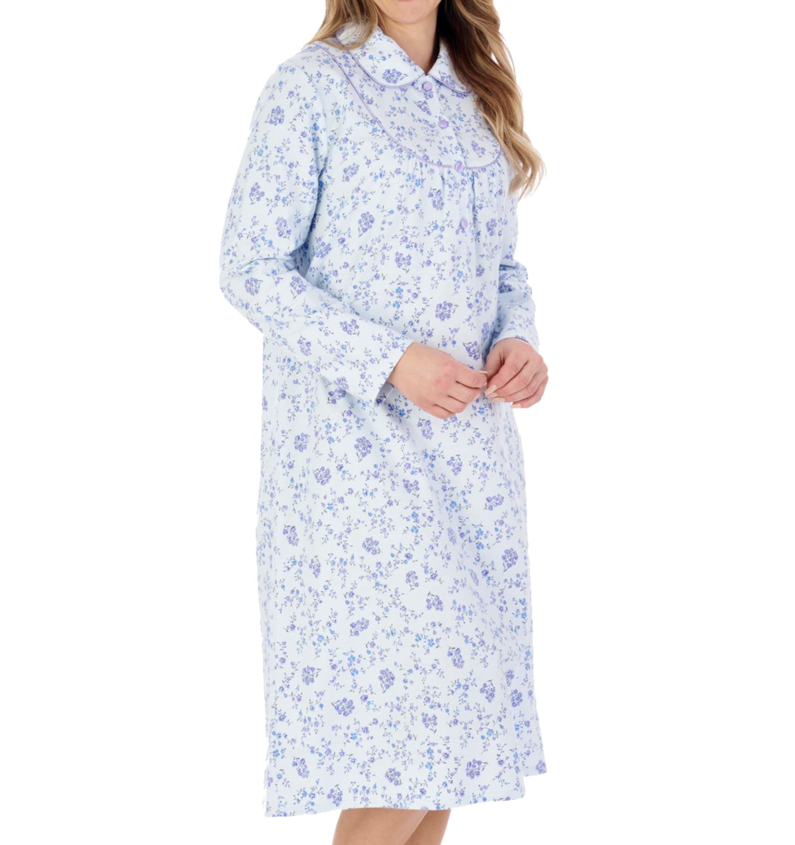 Slenderella Women's Blue Floral Flannel Nightdress Long Sleeve Peter Pan Collar Nightgown Uk 24/26 (Blue)