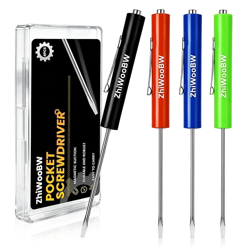 Kit com 4 Chaves de Fenda de Bolso Magnéticas Mini com Ponta Chata, Presilha e Estojo ZhiWooBW