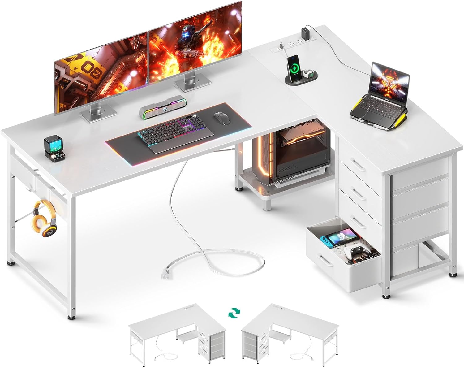 AODK L Shaped Desk with 4 Tier Drawers, 61" Reversible Gaming Desk with Power Outlets, L Shaped Computer Desk with USB Charging Port and Host Stand, Home Office Corner Desk, Easy to Assemble, White