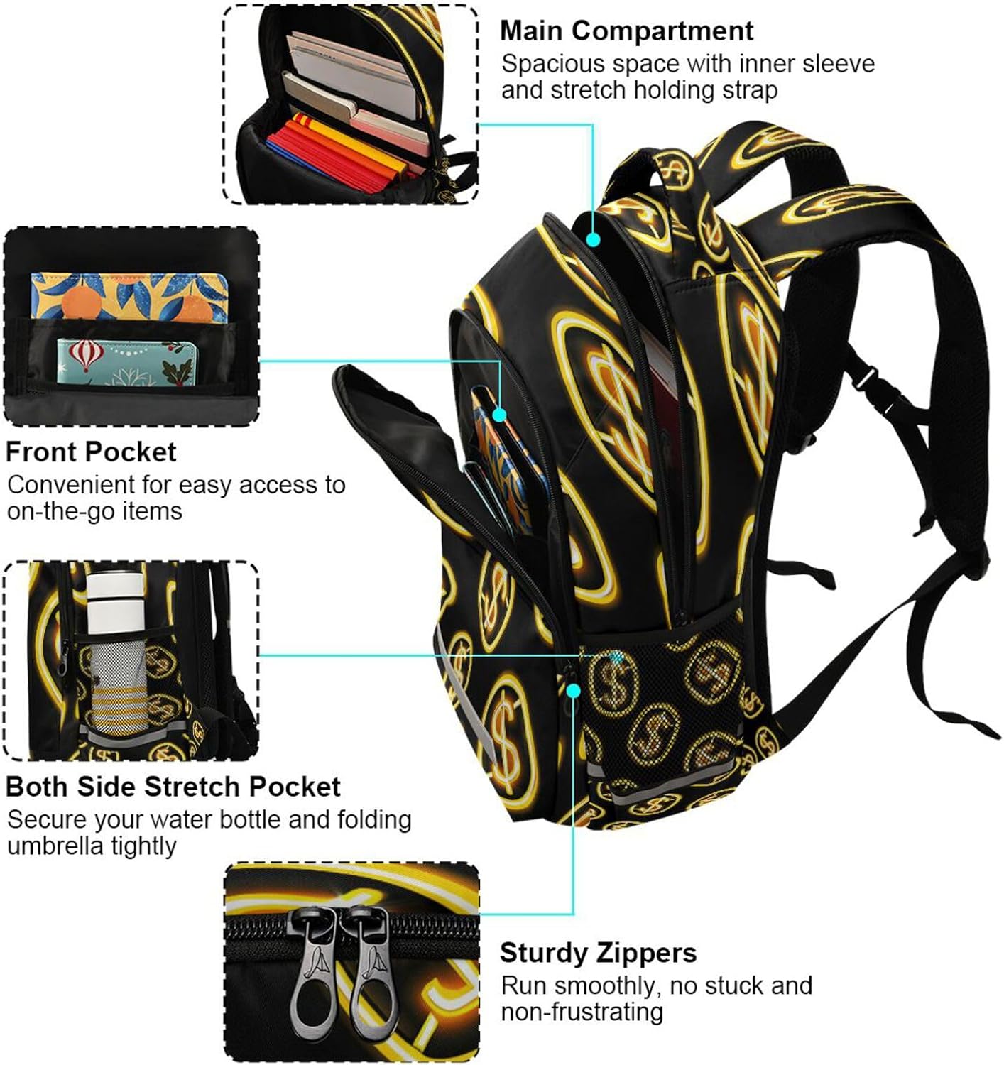 ALAZA Neon Yellow Coin with Dollar Sign Pattern on Black Backpacks Travel Laptop Daypack School Book Bag for Men Women Teens Kids image 5