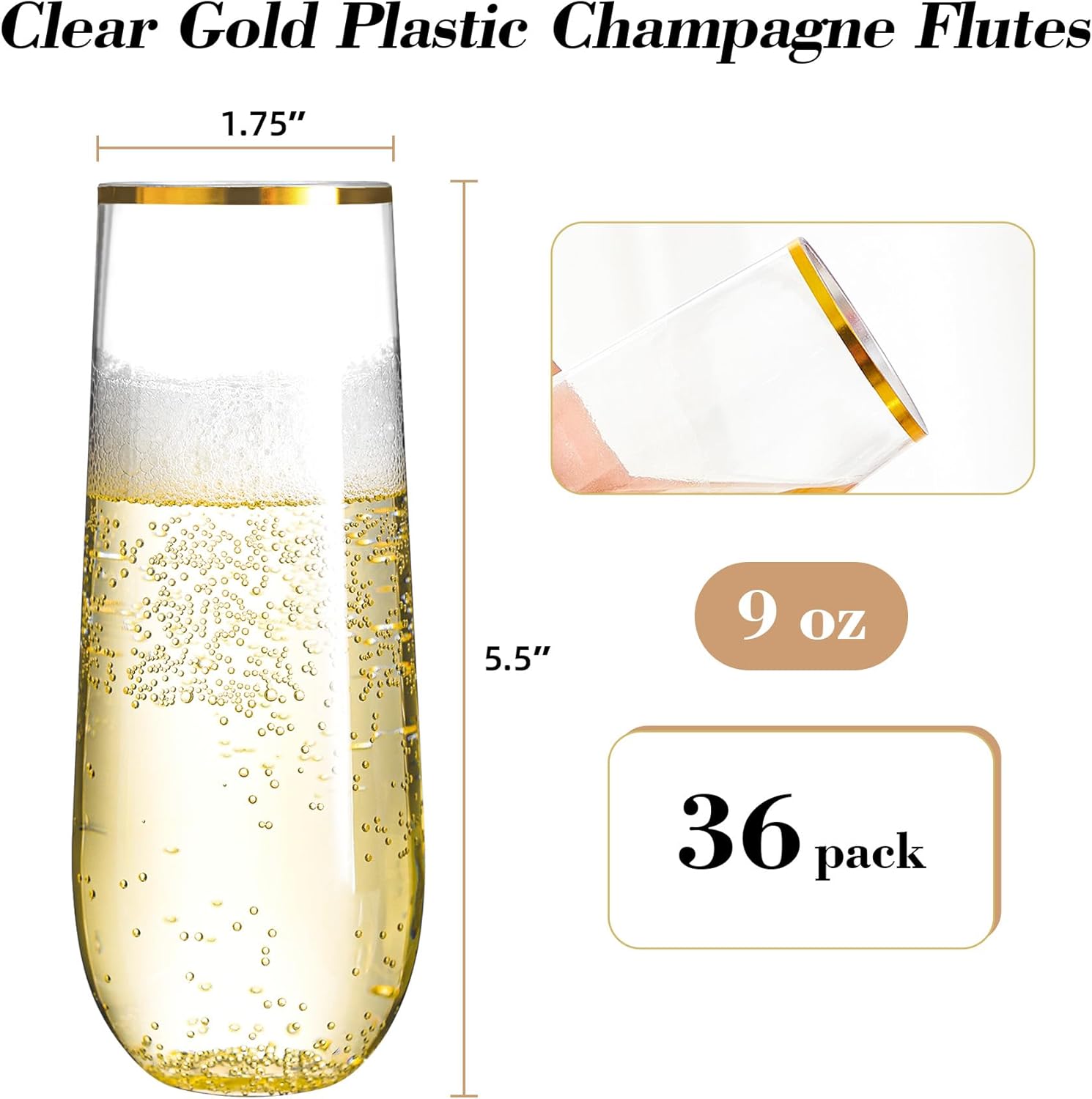 N9R 36PCS Plastic Champagne Flutes, 9 Oz Stemless Disposable Gold Rim Toasting Glasses, Crystal Clear Cocktail Cups Drinkware Shatterproof Ideal for Party Wedding Birthday